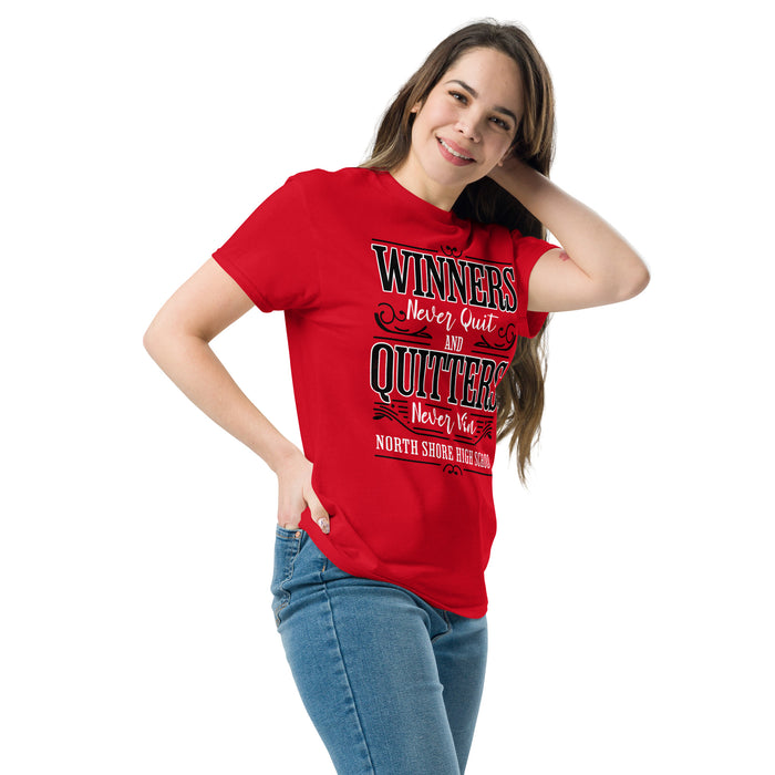 Woman wearing North Shore High School Mustangs Red Classic Unisex T-shirt 237