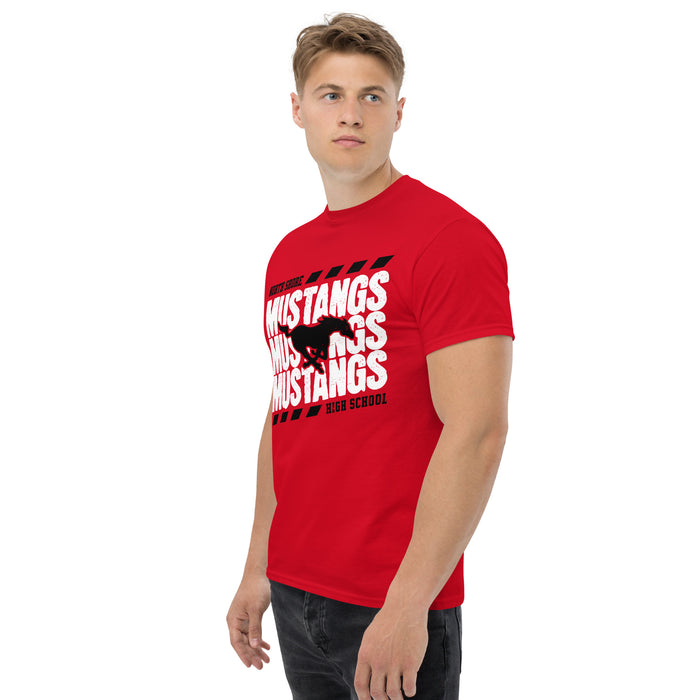 Man wearing North Shore High School Mustangs Red Classic Unisex T-shirt 223