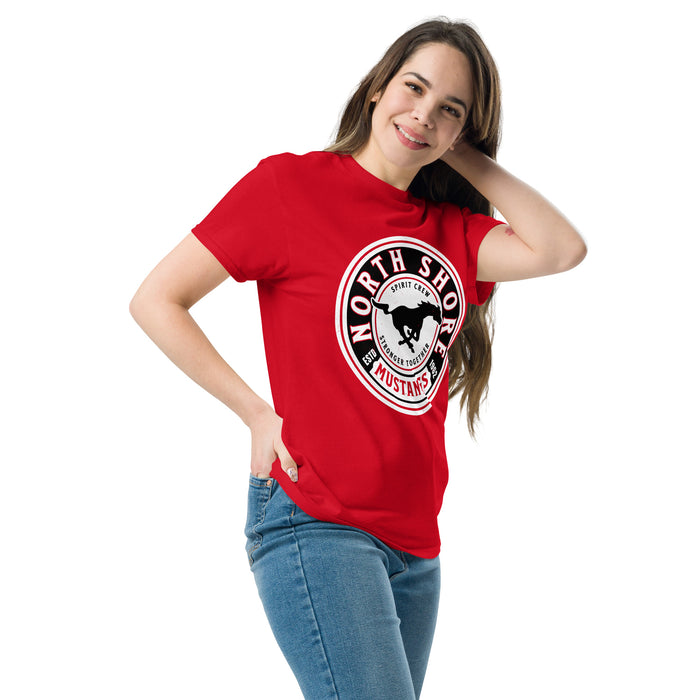 Woman wearing North Shore High School Mustangs Red Classic Unisex T-shirt 220