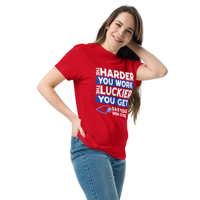 Woman wearing Oak Ridge High School War Eagles Red Classic Unisex T-shirt 238