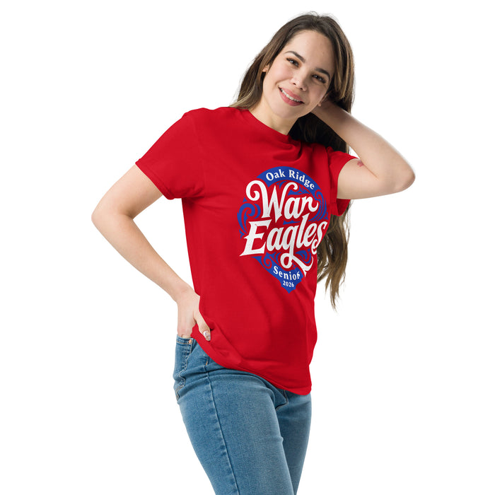 Woman wearing Oak Ridge High School War Eagles Red Classic Unisex T-shirt 253