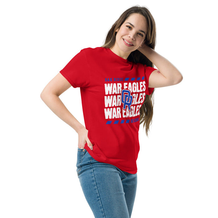 Woman wearing Oak Ridge High School War Eagles Red Classic Unisex T-shirt 223