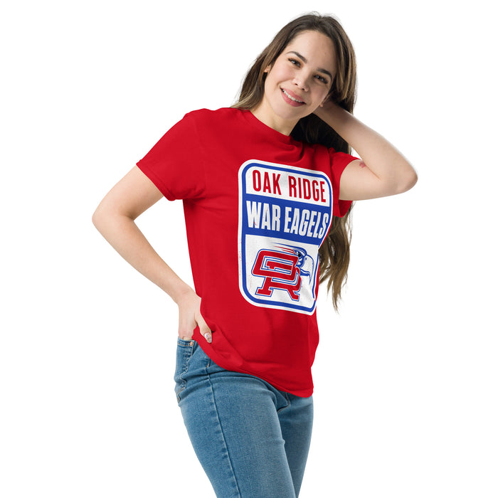 Woman wearing Oak Ridge High School War Eagles Red Classic Unisex T-shirt 001