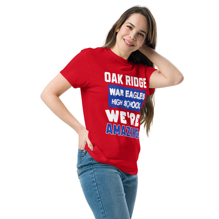 Woman wearing Oak Ridge High School War Eagles Red Classic Unisex T-shirt 231