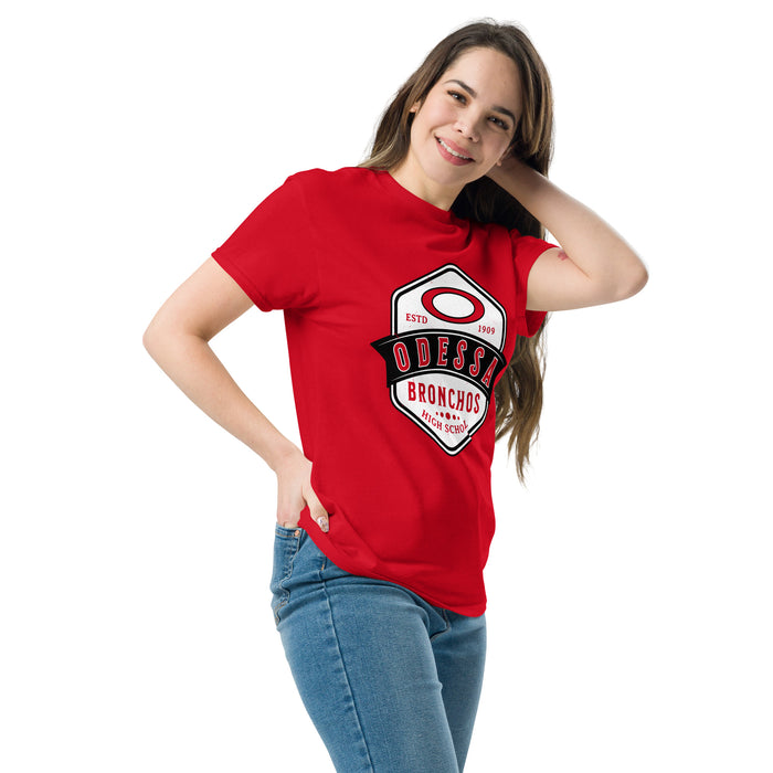 Woman wearing Odessa High School Bronchos Red Classic Unisex T-shirt 209