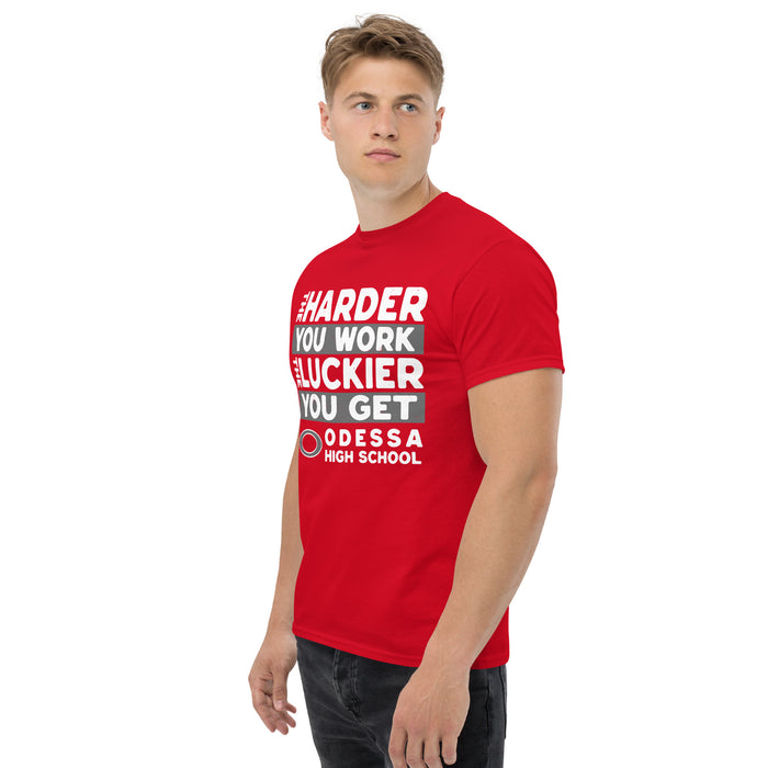 Man wearing Odessa High School Bronchos Red Classic Unisex T-shirt 238