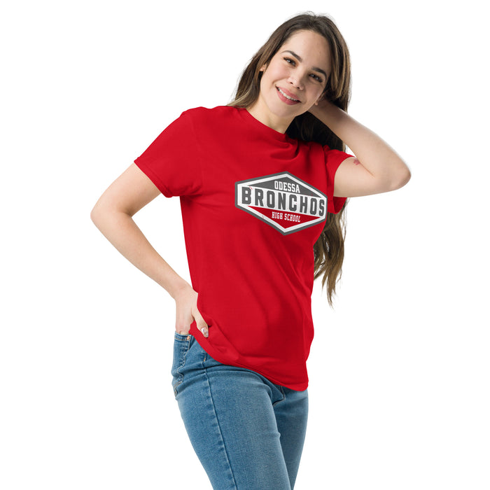 Woman wearing Odessa High School Bronchos Red Classic Unisex T-shirt 009