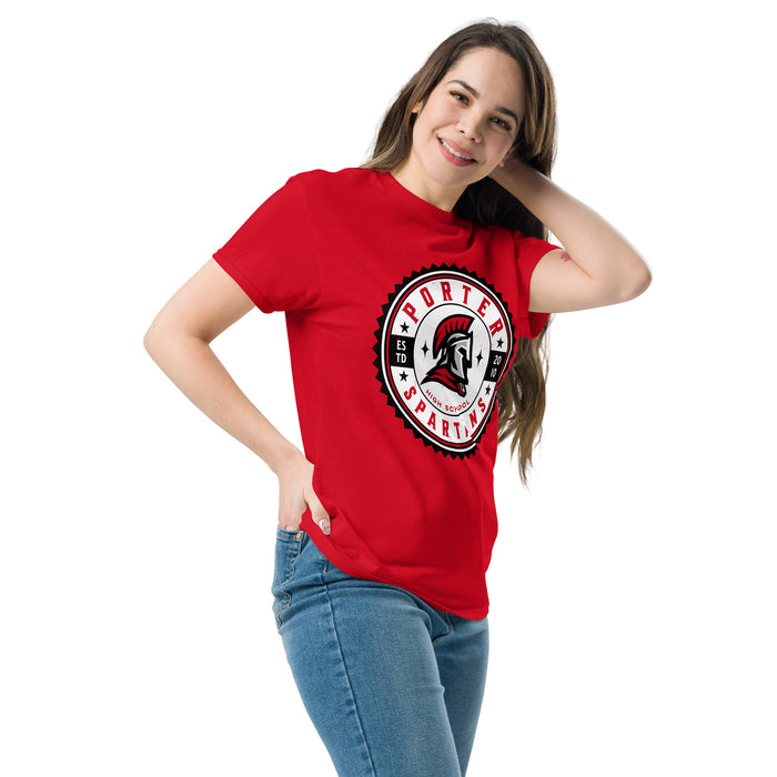 Woman wearing Porter High School Spartans Red Classic Unisex T-shirt 203