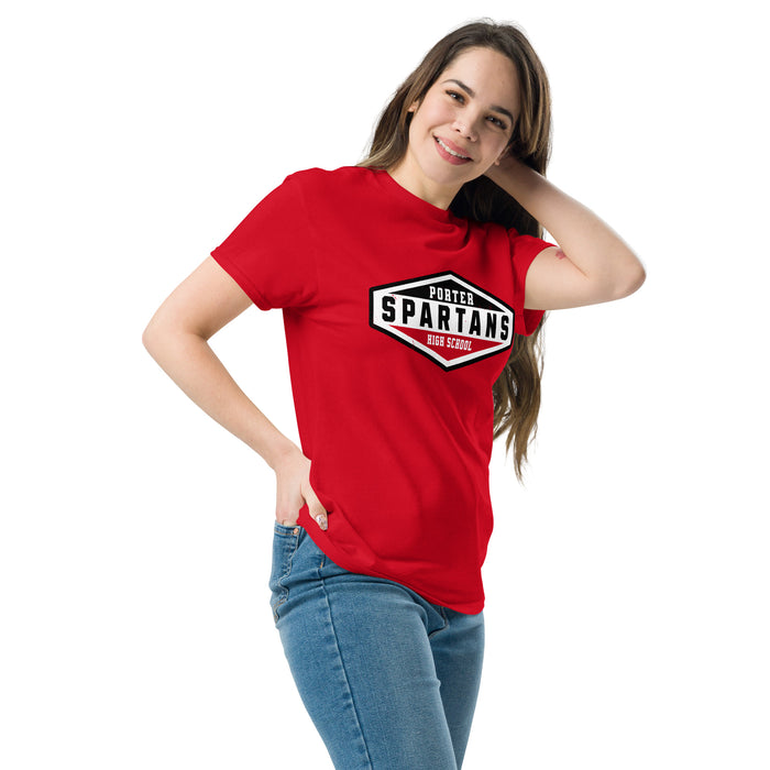 Woman wearing Porter High School Spartans Red Classic Unisex T-shirt 009