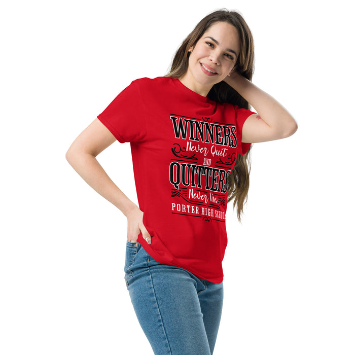 Woman wearing Porter High School Spartans Red Classic Unisex T-shirt 237