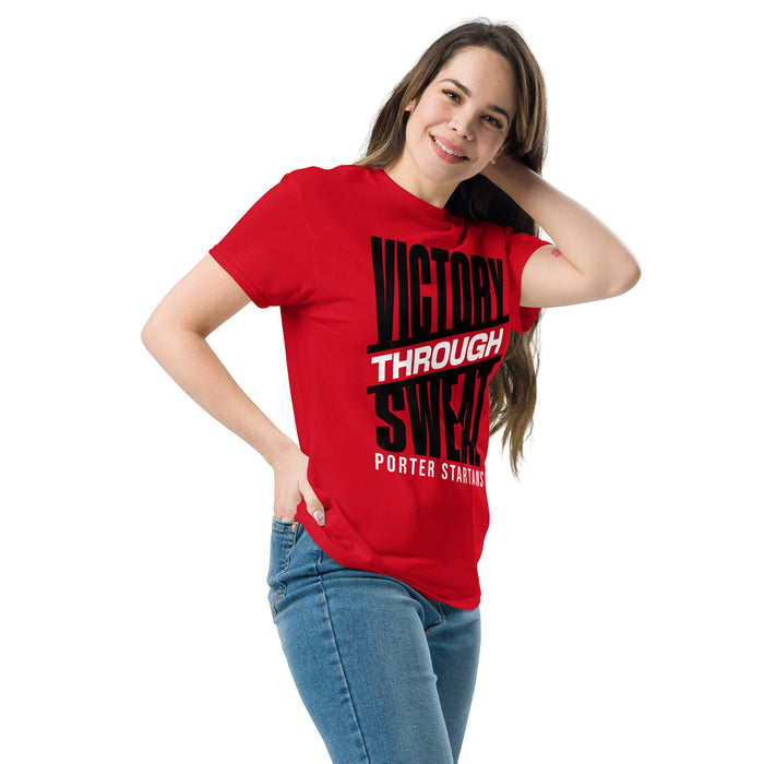 Woman wearing Porter High School Spartans Red Classic Unisex T-shirt 241