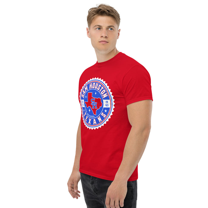 Man wearing Sam Houston High School Texans Red Classic Unisex T-shirt 203