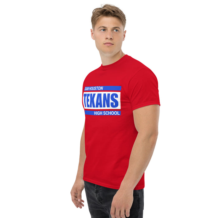 Man wearing Sam Houston High School Texans Red Classic Unisex T-shirt 098
