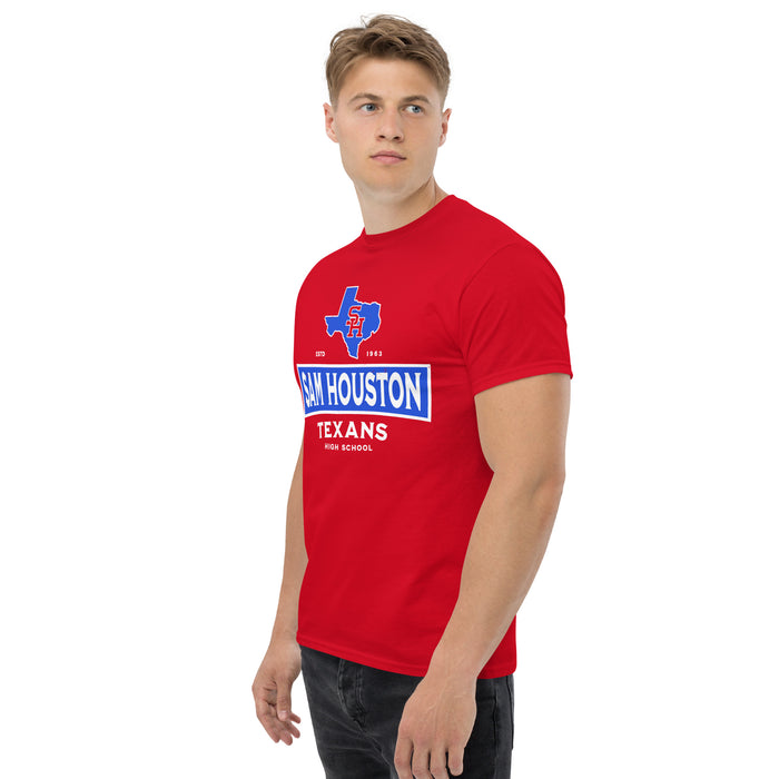 Man wearing Sam Houston High School Texans Red Classic Unisex T-shirt 202