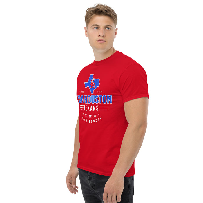 Man wearing Sam Houston High School Texans Red Classic Unisex T-shirt 217