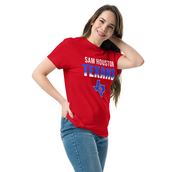 Woman wearing Sam Houston High School Texans Red Classic Unisex T-shirt 034
