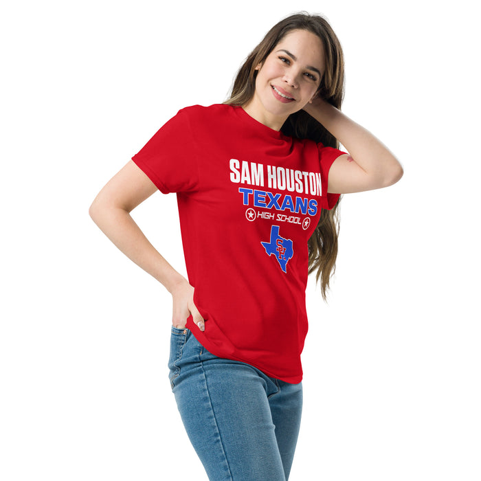 Woman wearing Sam Houston High School Texans Red Classic Unisex T-shirt 003