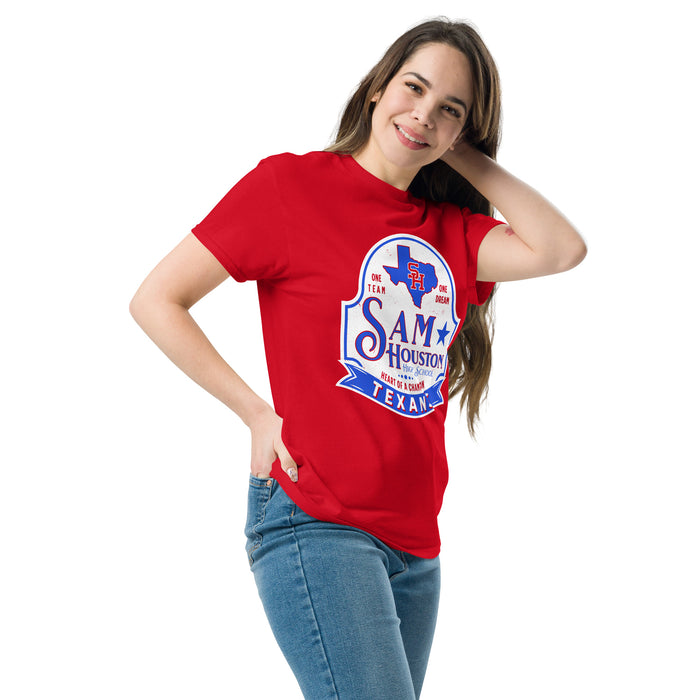 Woman wearing Sam Houston High School Texans Red Classic Unisex T-shirt 219