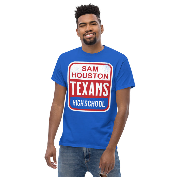 Man wearing Sam Houston High School Texans Royal Blue Classic Unisex T-shirt 001