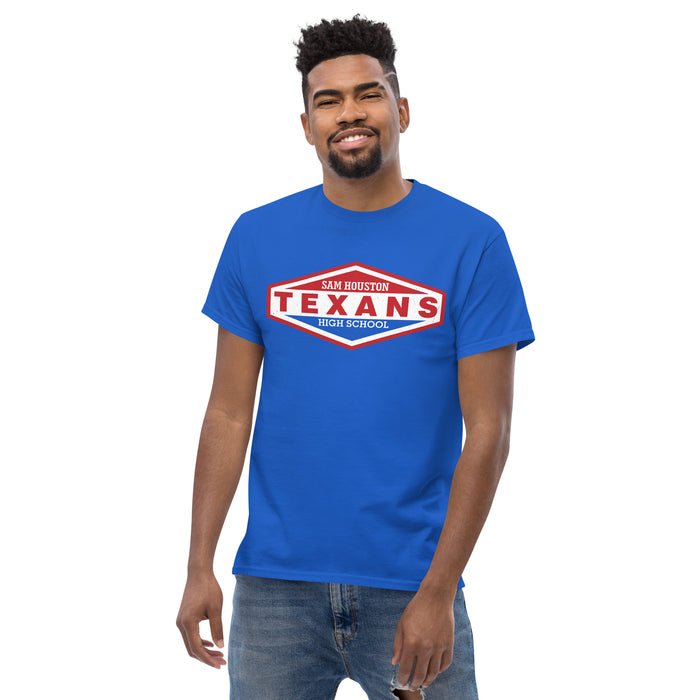 Man wearing Sam Houston High School Texans Royal Blue Classic Unisex T-shirt 009