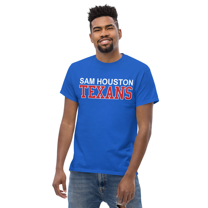 Man wearing Sam Houston High School Texans Royal Blue Classic Unisex T-shirt 010