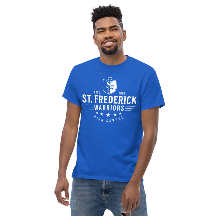 Man wearing St. Frederick High School Warriors Royal Blue Classic Unisex T-shirt 217