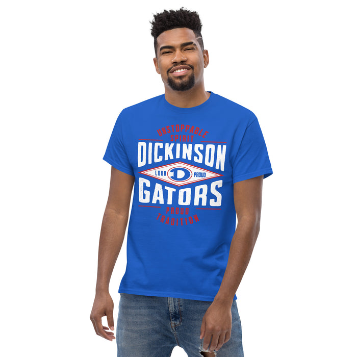 Back view of Dickinson High School Gators Royal Blue Classic Unisex T-shirt 210
