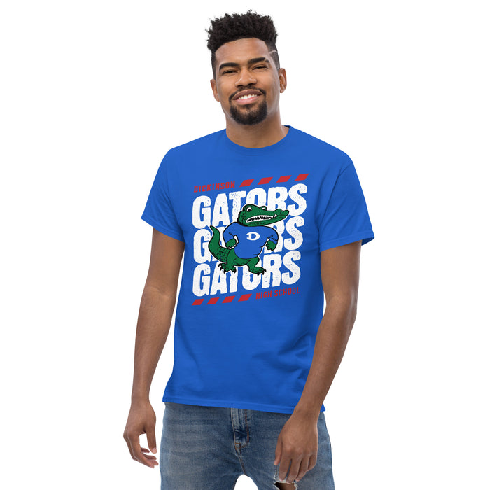 Man wearing Dickinson High School Gators Royal Blue Classic Unisex T-shirt 223