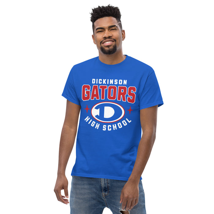 Man wearing Dickinson High School Gators Royal Blue Classic Unisex T-shirt 204