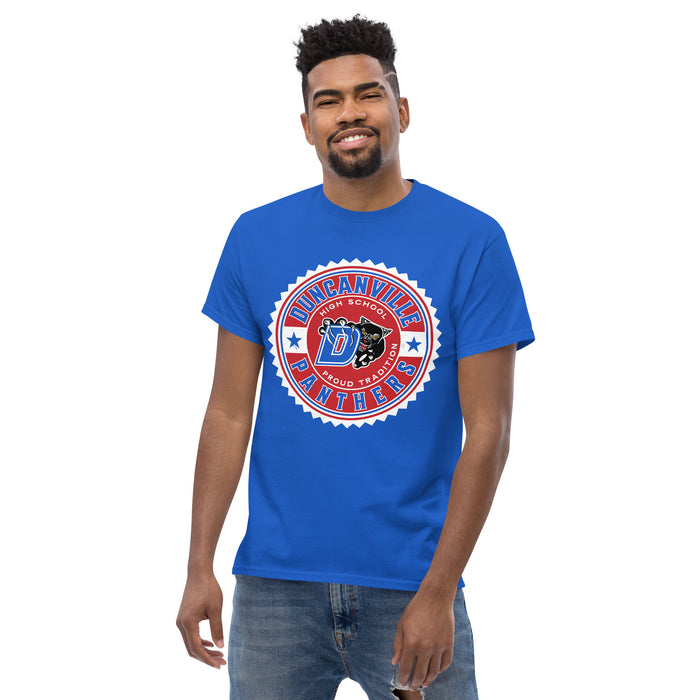 Man wearing Duncanville High School Panthers Royal Blue Classic Unisex T-shirt 203