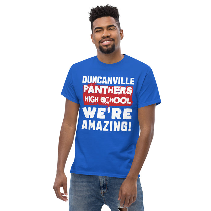 Man wearing Duncanville High School Panthers Royal Blue Classic Unisex T-shirt 231
