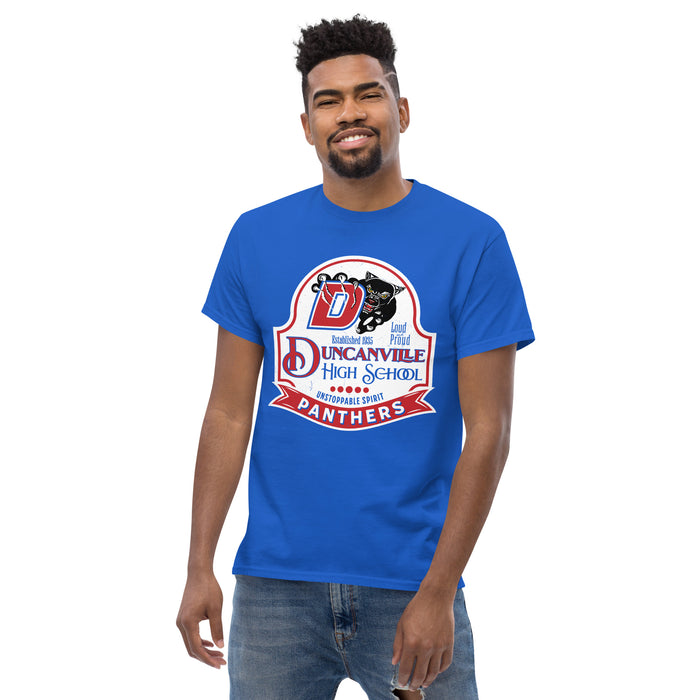 Man wearing Duncanville High School Panthers Royal Blue Classic Unisex T-shirt 219