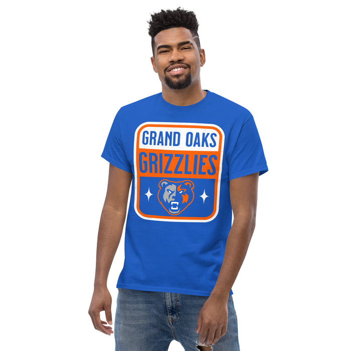Man wearing Grand Oaks High School Grizzlies Classic Unisex Royal T-shirt 001