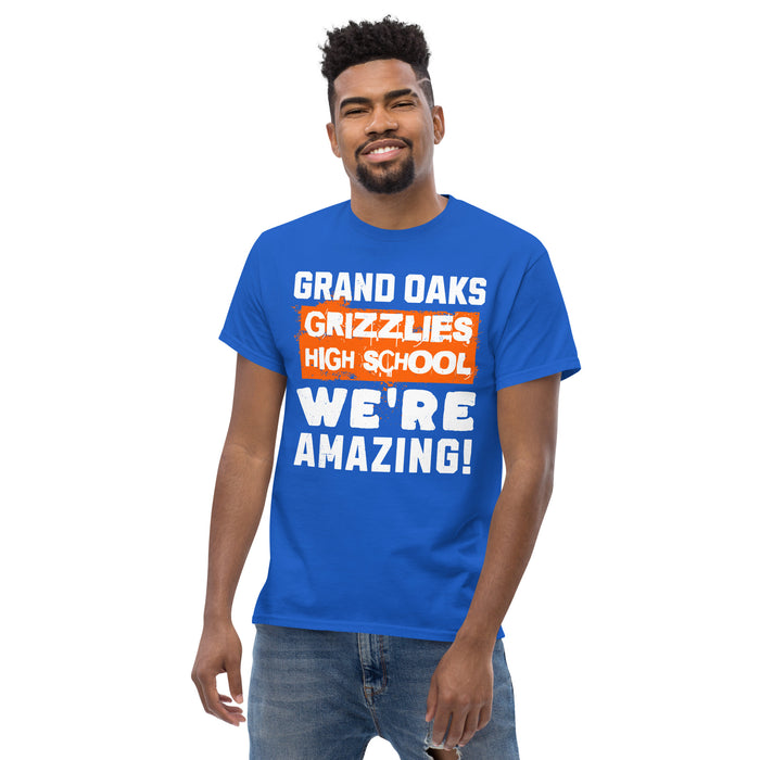 Man wearing Grand Oaks High School Grizzlies Classic Unisex Royal T-shirt 231