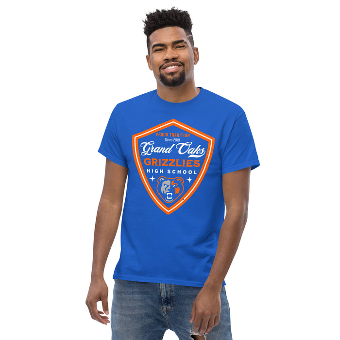 Man wearing Grand Oaks High School Grizzlies Classic Unisex Royal T-shirt 225