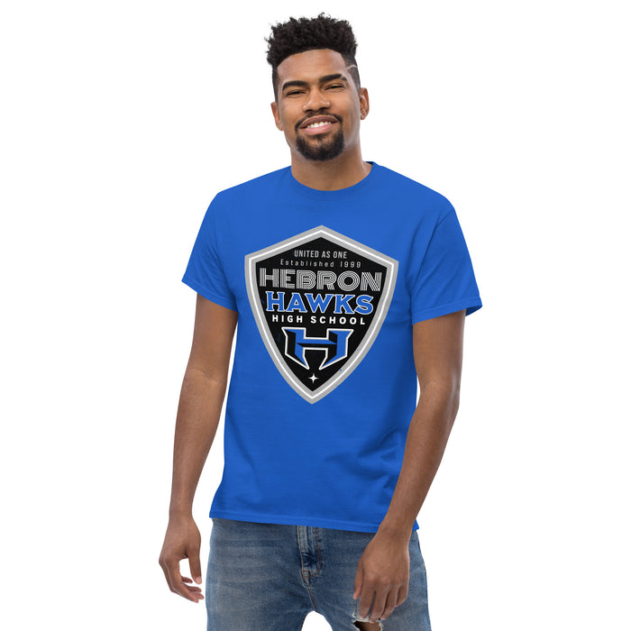 Front view of Hebron High School Hawks Royal Blue Classic Unisex T-shirt 225