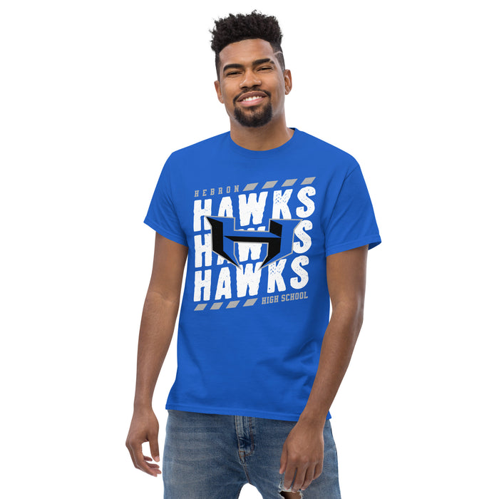 Front view of Hebron High School Hawks Royal Blue Classic Unisex T-shirt 223