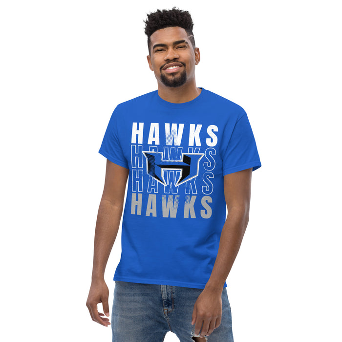 Front view of Hebron High School Hawks Royal Blue Classic Unisex T-shirt 233