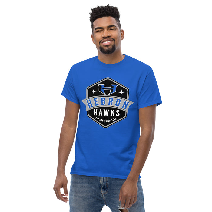 Front view of Hebron High School Hawks Royal Blue Classic Unisex T-shirt 209