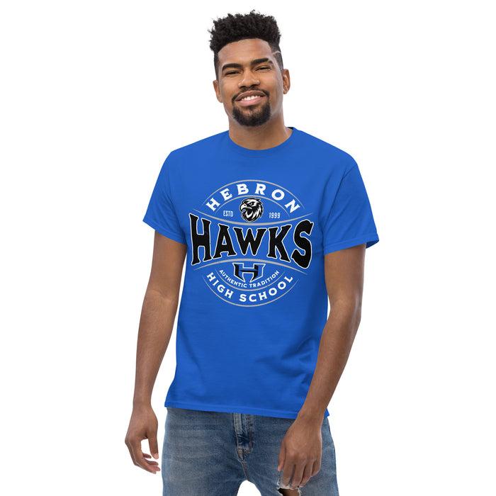 Front view of Hebron High School Hawks Royal Blue Classic Unisex T-shirt 218