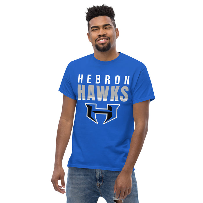 Front view of Hebron High School Hawks Royal Blue Classic Unisex T-shirt 024