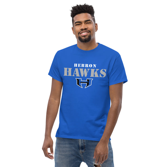Front view of Hebron High School Hawks Royal Blue Classic Unisex T-shirt 017