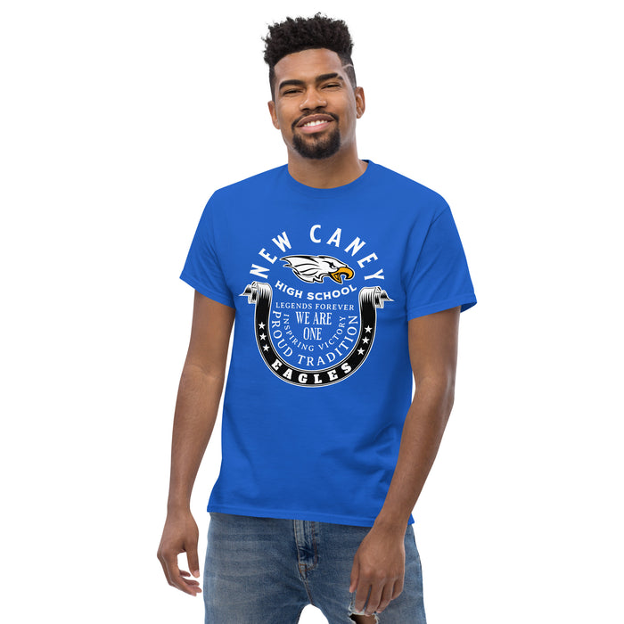 Front view of Man wearing New Caney High School Eagles Royal Blue Classic Unisex T-shirt 229
