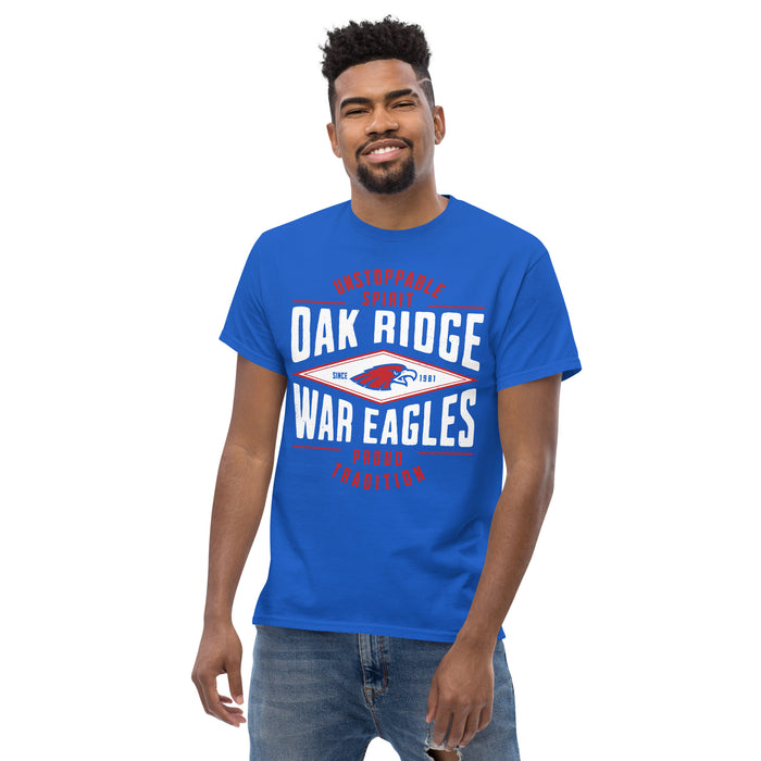 Front view of Oak Ridge High School War Eagles Royal Blue Classic Unisex T-shirt 210