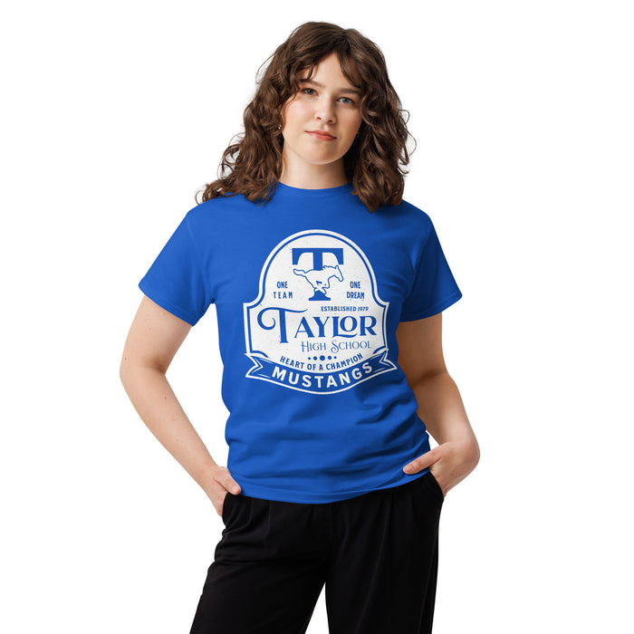 Woman wearing Taylor High School Mustangs Royal Blue Classic Unisex T-shirt 219