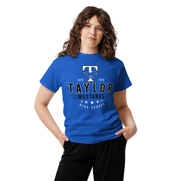 Woman wearing Taylor High School Mustangs Royal Blue Classic Unisex T-shirt 217