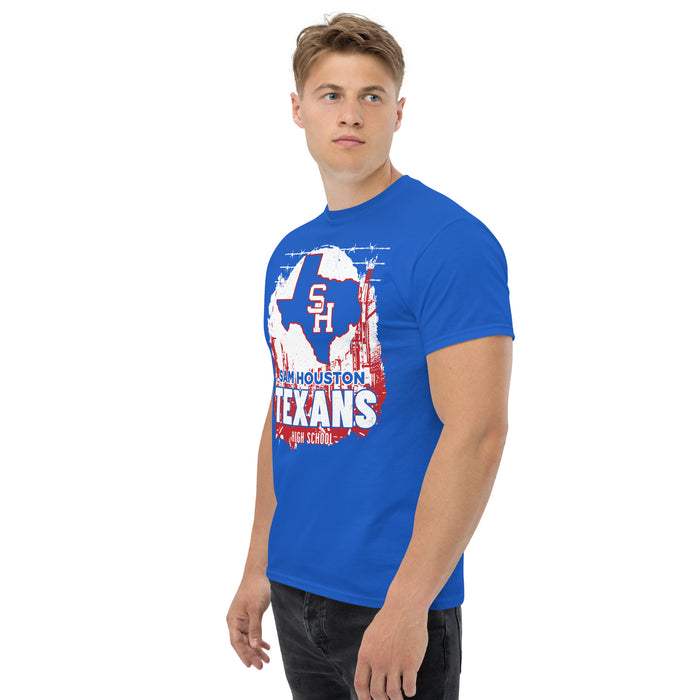 Side view of Sam Houston High School Texans Royal Blue Classic Unisex T-shirt 202