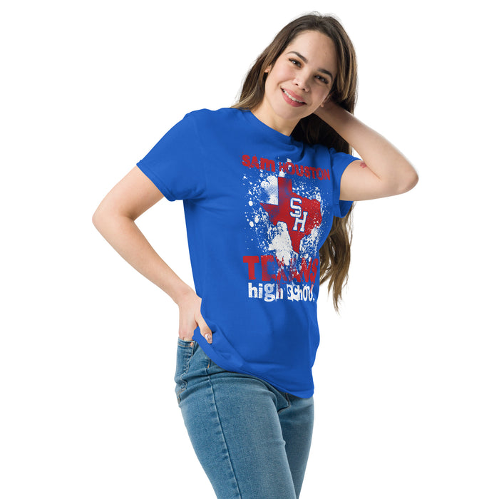 Woman wearing Sam Houston High School Texans Royal Blue Classic Unisex T-shirt 205