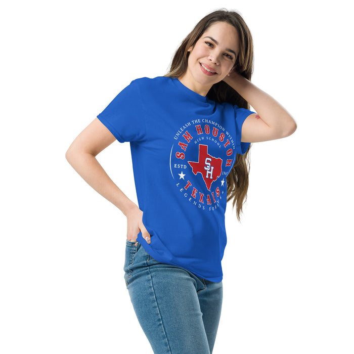 Woman wearing Sam Houston High School Texans Royal Blue Classic Unisex T-shirt 214