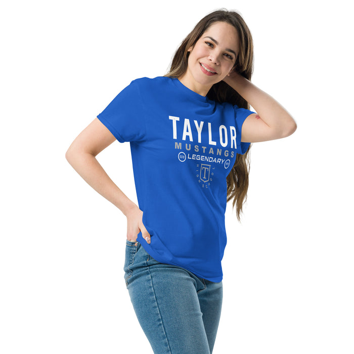 Woman wearing Taylor High School Mustangs Royal Blue Classic Unisex T-shirt 003